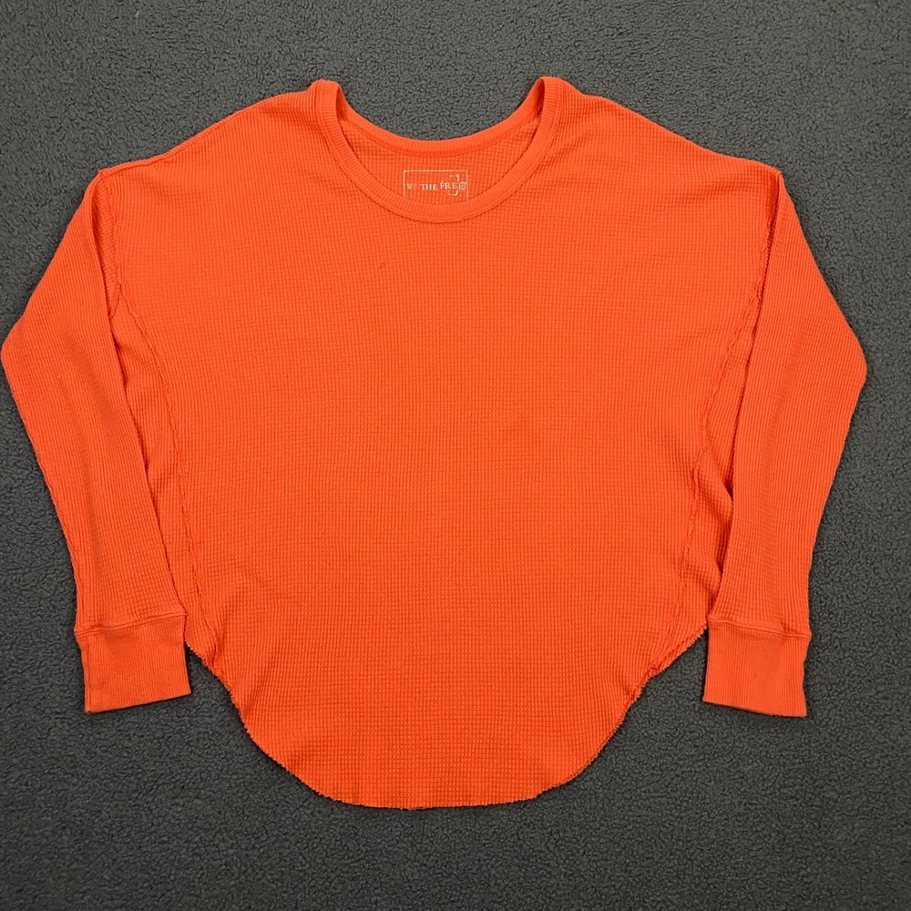We The Free Thermal Top Women Large Orange Waffle Knit Relaxed Curved Hem